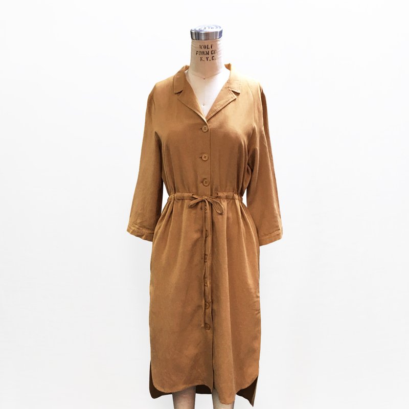 前短后长束腰绳中袖连身裙 - 洋装/连衣裙 - 棉．麻 