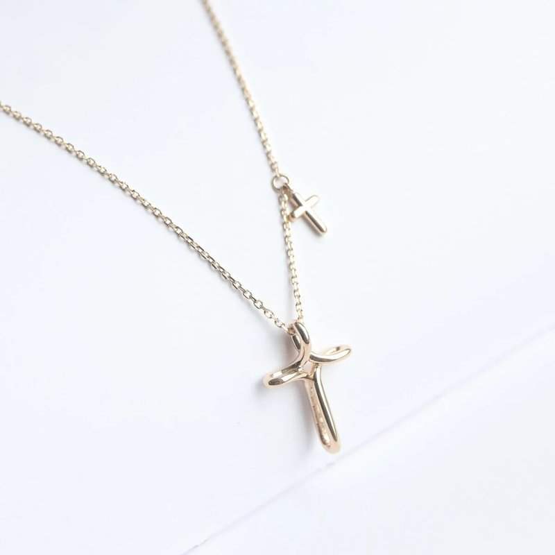 14K Hand Painted Cross Necklace 手绘线条十字架项链 - 项链 - 贵金属 金色