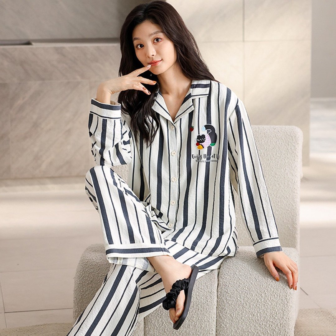 Pink Lady 云感棉排扣式 猫语条纹 秋冬长袖成套睡衣 居家服 - 居家服/睡衣 - 其他人造纤维 黑色