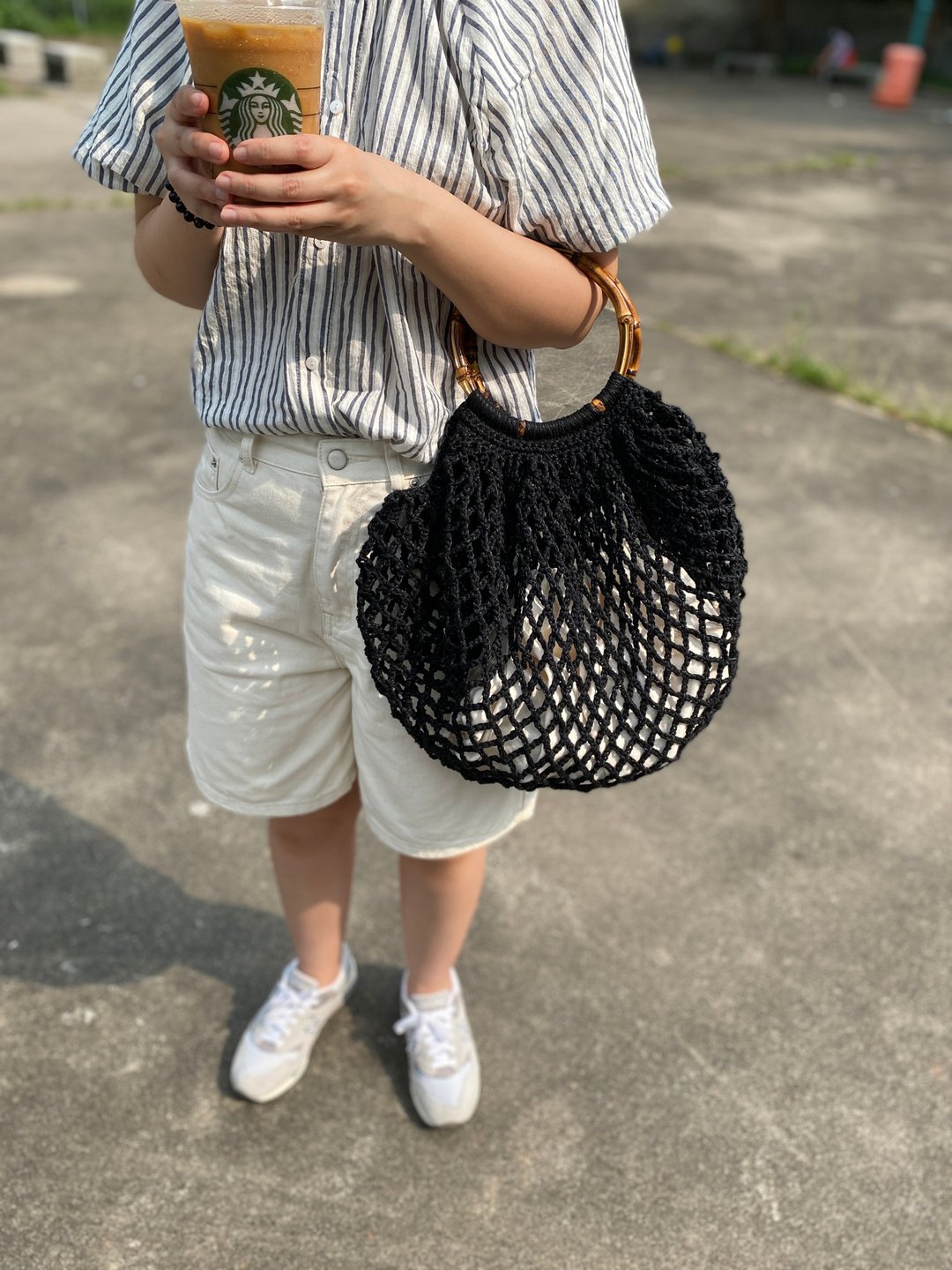 Bamboo Ring Bag 竹节手挽袋夏日网袋 - 手提包/手提袋 - 聚酯纤维 黑色
