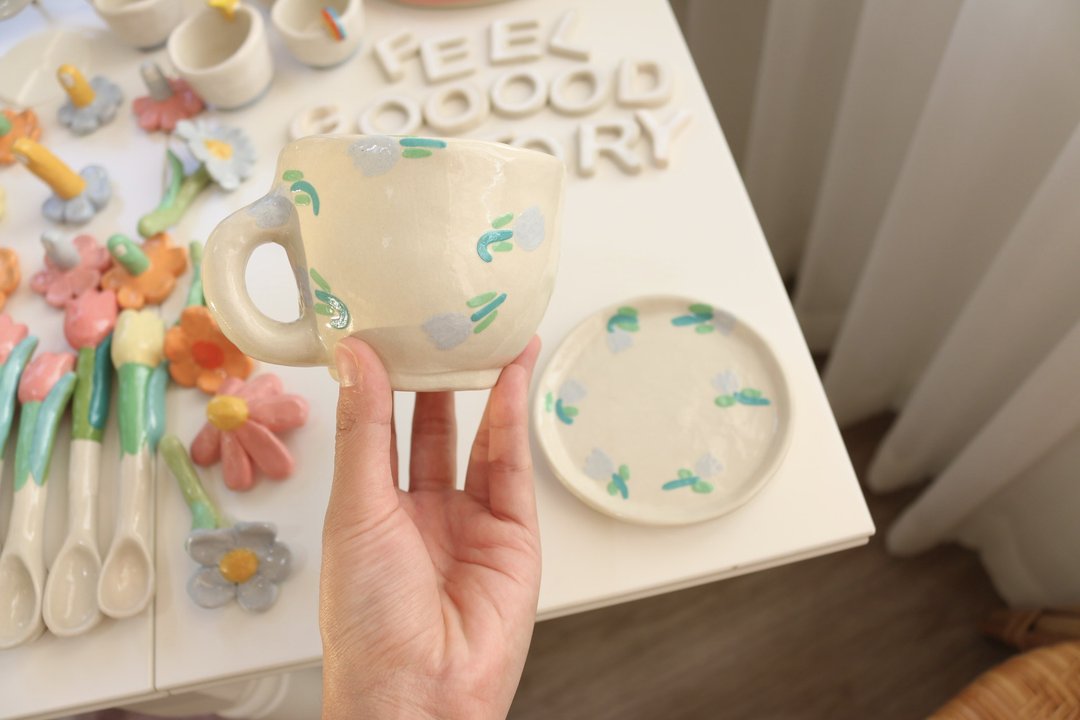 Cup Ceramic Paint Tulip Blue with Coaster - 花瓶/陶器 - 陶 蓝色