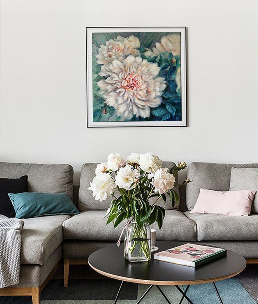 White Peony Oil Painting Original Wall Art on Canvas 40x40cm - 海报/装饰画/版画 - 棉 