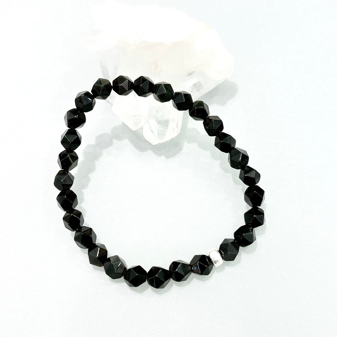 Ops Obsidian Silver bracelet-黑曜石/纯银/防小人/弹性/钻切 - 手链/手环 - 宝石 黑色
