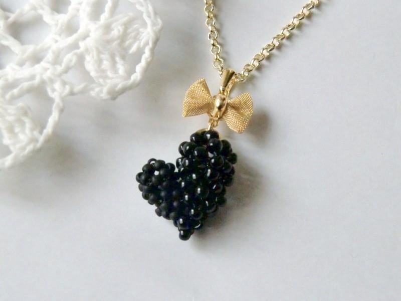 Little Devil Heart Necklace Delicate Lace Beads Dream Cute Ribbon Black Black Gold Gold Witch Magic Halloween Halloween Pendant Simple - 项链 - 玻璃 黑色