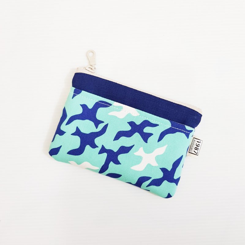 【自由鸟-蓝(深蓝)】 鸟系!!! 零钱包 随身包 拉链袋 母亲节 - 手拿包 - 棉．麻 蓝色