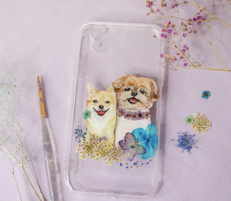 定制化手绘宠物押花手机壳 | 狗狗 北京犬,芝娃娃 - 手机壳/手机套 - 植物．花 蓝色