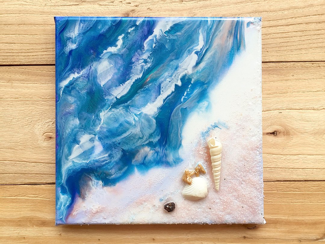 【粉色沙滩】珊瑚贝壳海滩 | 玻璃水蓝色挂画 | 海螺树脂海洋装饰 - 海报/装饰画/版画 - 贝壳 