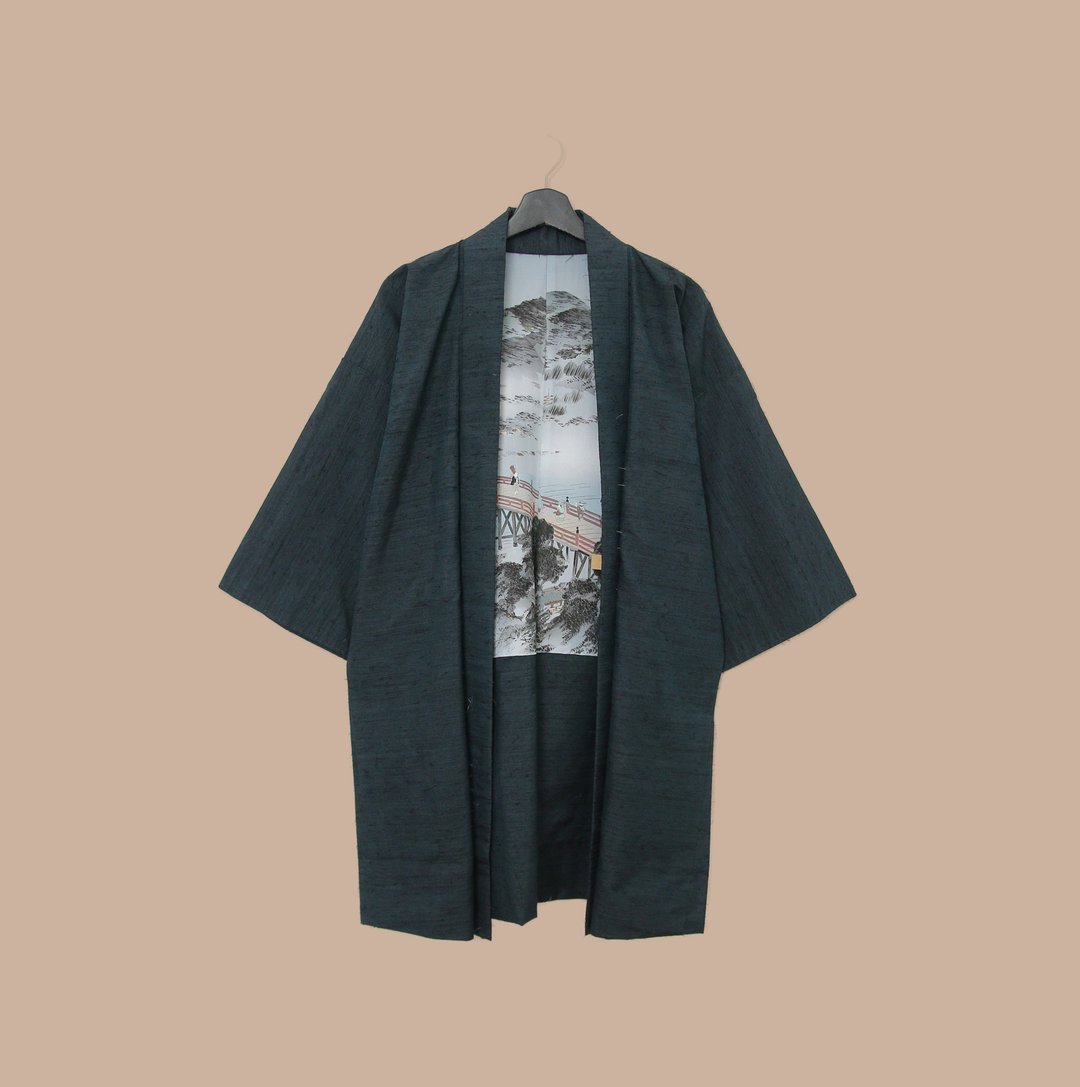 Back to Green-日本带回羽织 渡江大桥 环山M-39/vintage kimono - 女装休闲/机能外套 - 丝．绢 