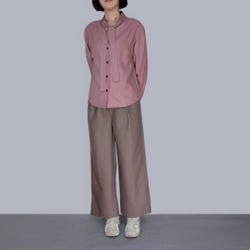 V领开襟系带天丝衬衫 - 女装上衣 - 其他人造纤维 粉红色