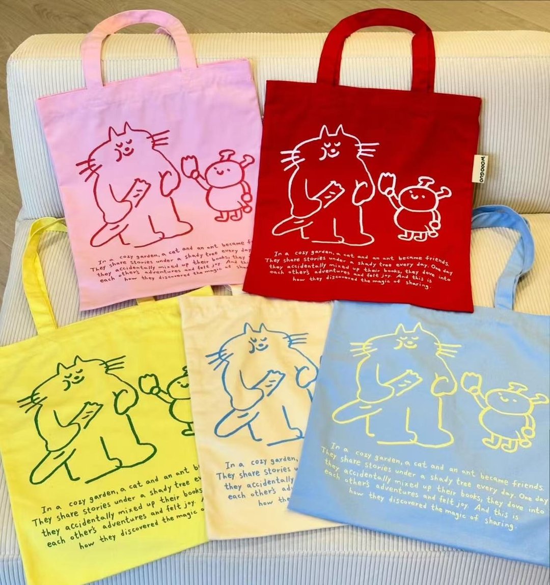 【WOOOGUO】猫咪朋友帆布袋 (5色) 法式帆布包 日常通勤托特包 - 侧背包/斜挎包 - 棉 多色