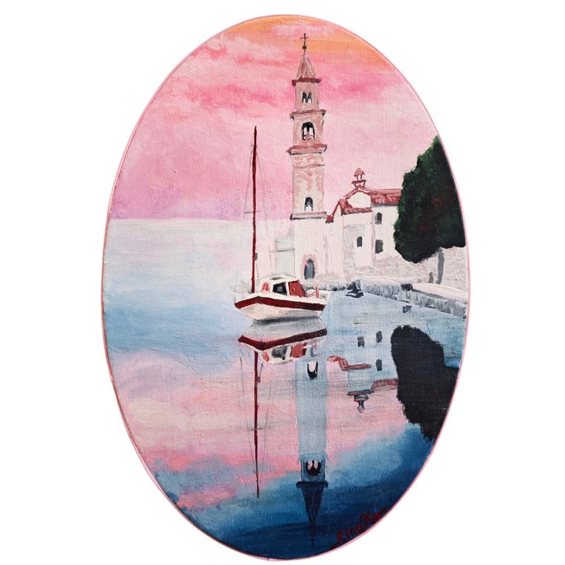 海上粉红黎明原创风景画椭圆形作品 作者 RinaArtSK - 墙贴/壁贴 - 其他材质 多色