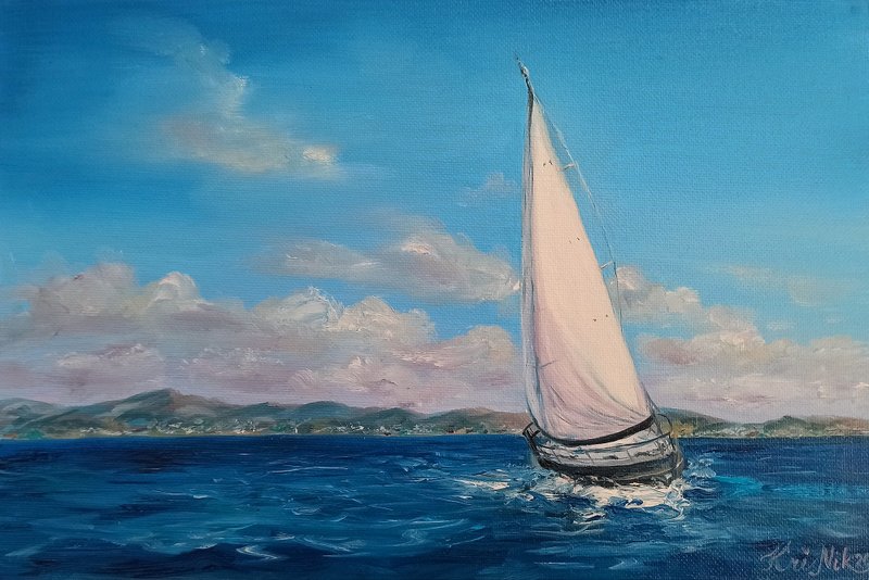 Sailboat Painting Seascape Canvas Oil Painting Nautical Original Art Ocean - 海报/装饰画/版画 - 其他材质 蓝色
