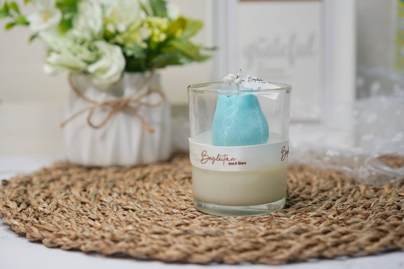 蓝色郁金香玻璃杯香薰蜡烛 PW-003 T15 大 7oz - 蜡烛/烛台 - 蜡 蓝色