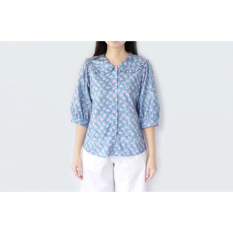 海军风荷叶领上衣 蓝色粉红碎花 - 女装上衣 - 棉 