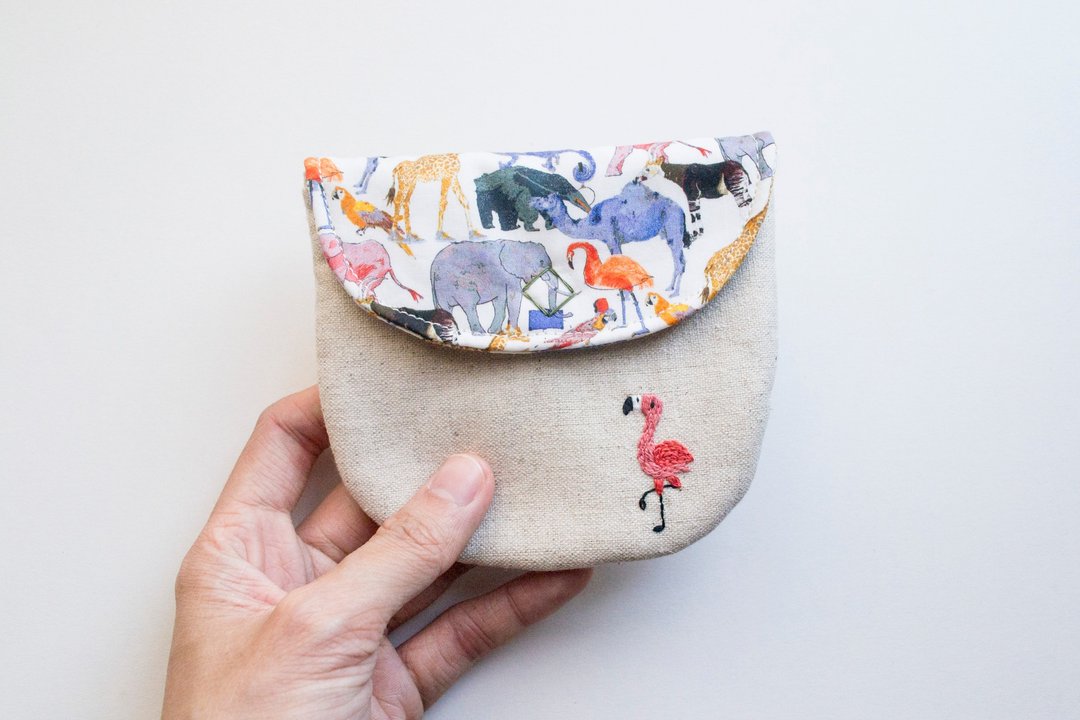 火烈鳥 Flamingo Embroidered Liberty Print Wee Pouch - 零钱包 - 棉．麻 多色