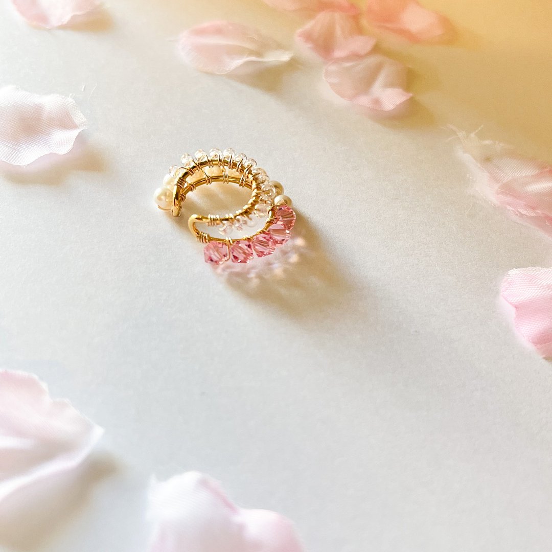 Ear cuff, double line, cherry blossom - 耳环/耳夹 - 玻璃 粉红色