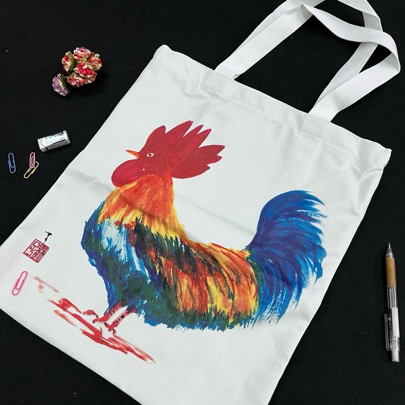 【Tote Bag - 手绘图画】公鸡 - 侧背包/斜挎包 - 棉．麻 
