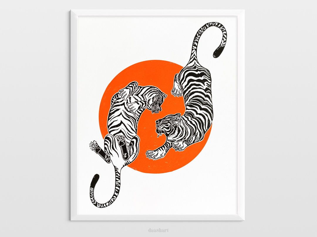 黑虎 Linocut 打印橙色月亮日本墙艺术原创艺术品 - 海报/装饰画/版画 - 纸 黑色