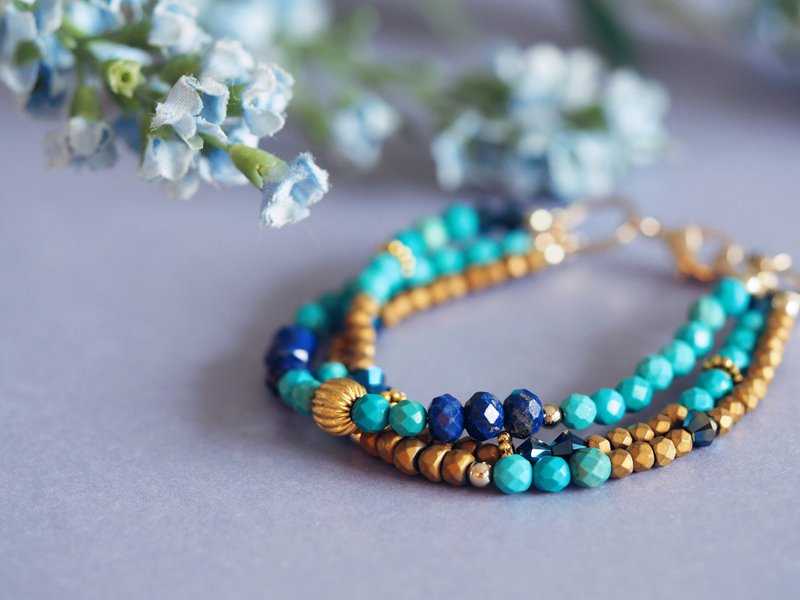 Turquoise and lapis lazuli gemstone bracelet/ Grecian antique style bracelet - 手链/手环 - 宝石 多色