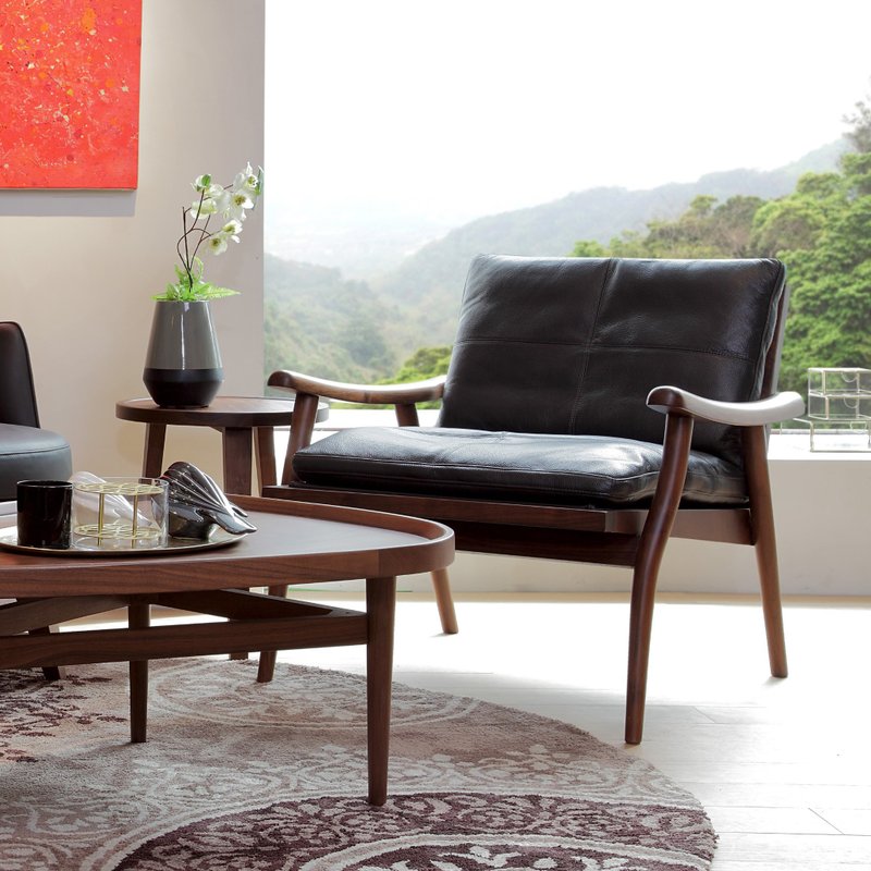 【D3原木家居】Lynn 北美胡桃木 牛皮沙发单椅 休闲椅 主人椅 - 椅子/沙发 - 木头 