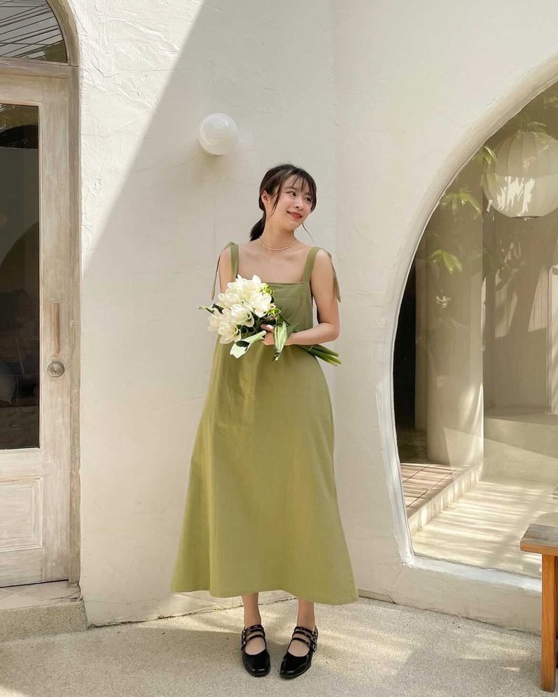 Green Matcha Korean Japanese long dress - 洋装/连衣裙 - 棉．麻 