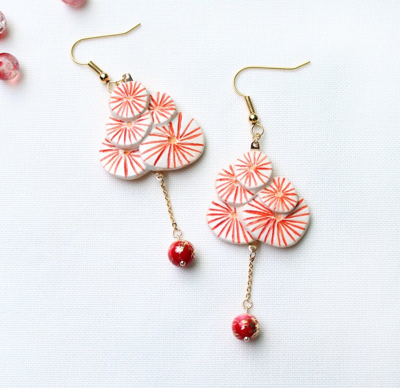 日式 烟花耳环/ 几何圆形/ 抽象红 / 可改夹 - 耳环/耳夹 - 粘土 红色