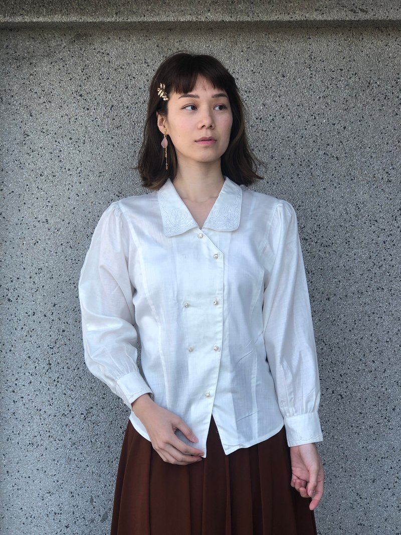 闪亮凸绣领白衬衫 - 女装衬衫 - 其他材质 