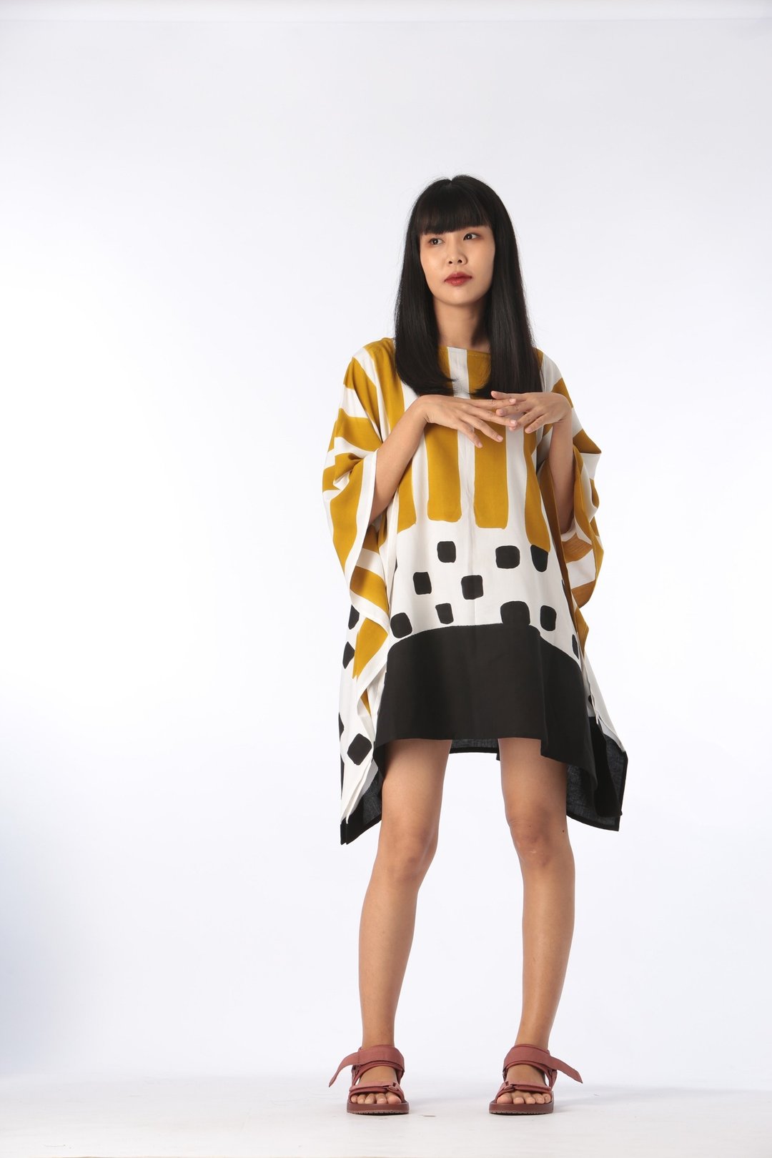 Poncho Blouse Cotton Rayon Hand Painted for Summer resort va - 女装上衣 - 棉 黄色