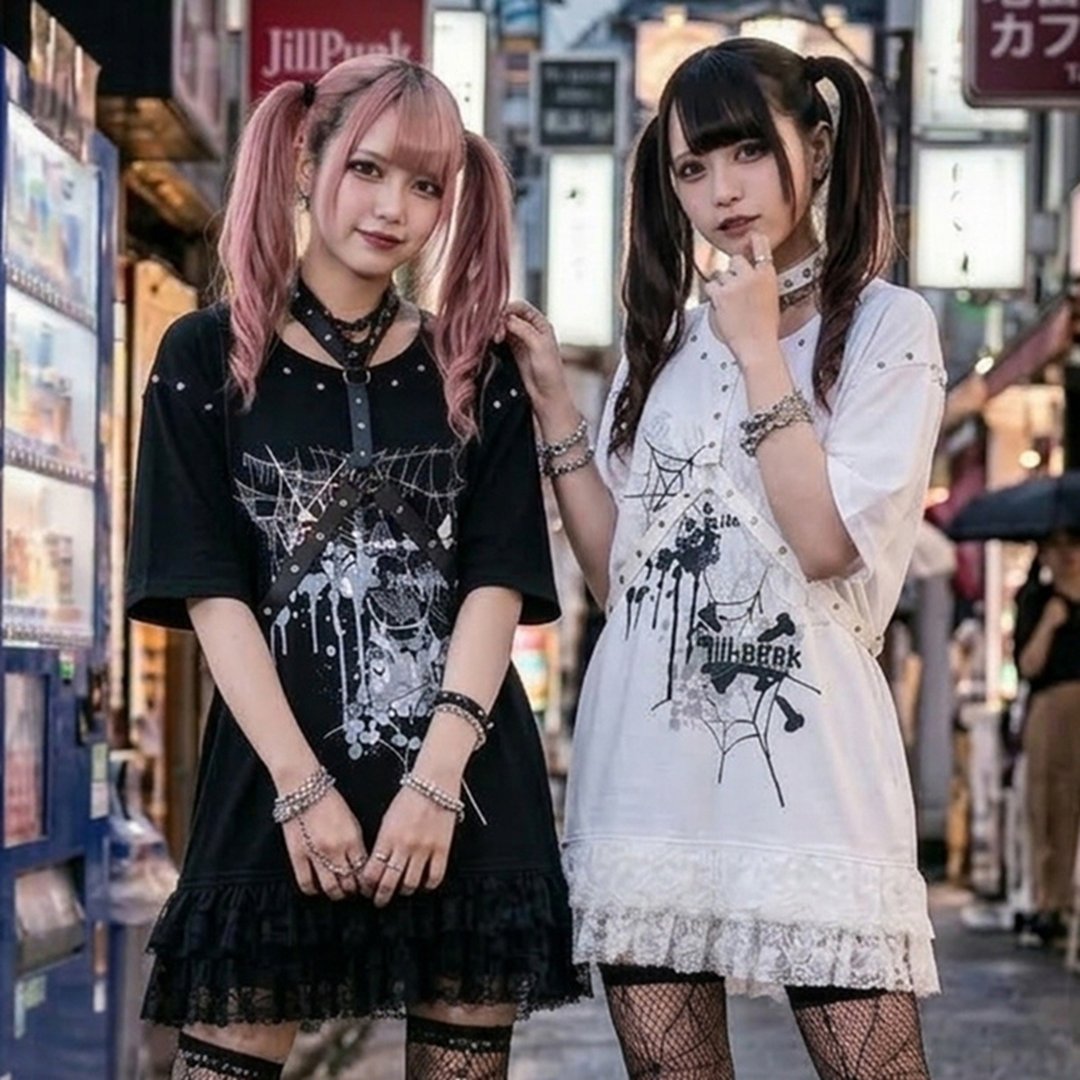 原创甜庞克爱之坠落蕾丝花边短袖长版 T 恤连身裙附背带颈圈 JJ2569 - 洋装/连衣裙 - 棉 