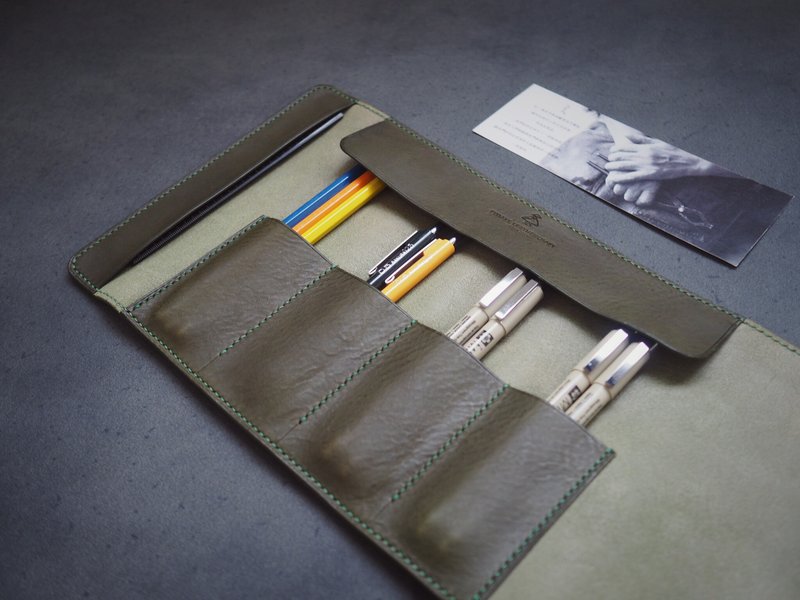 多功能笔袋绘画文具袋笔帘笔卷 纯手工牛皮 定制化刻字礼物 订制 - 铅笔盒/笔袋 - 真皮 绿色