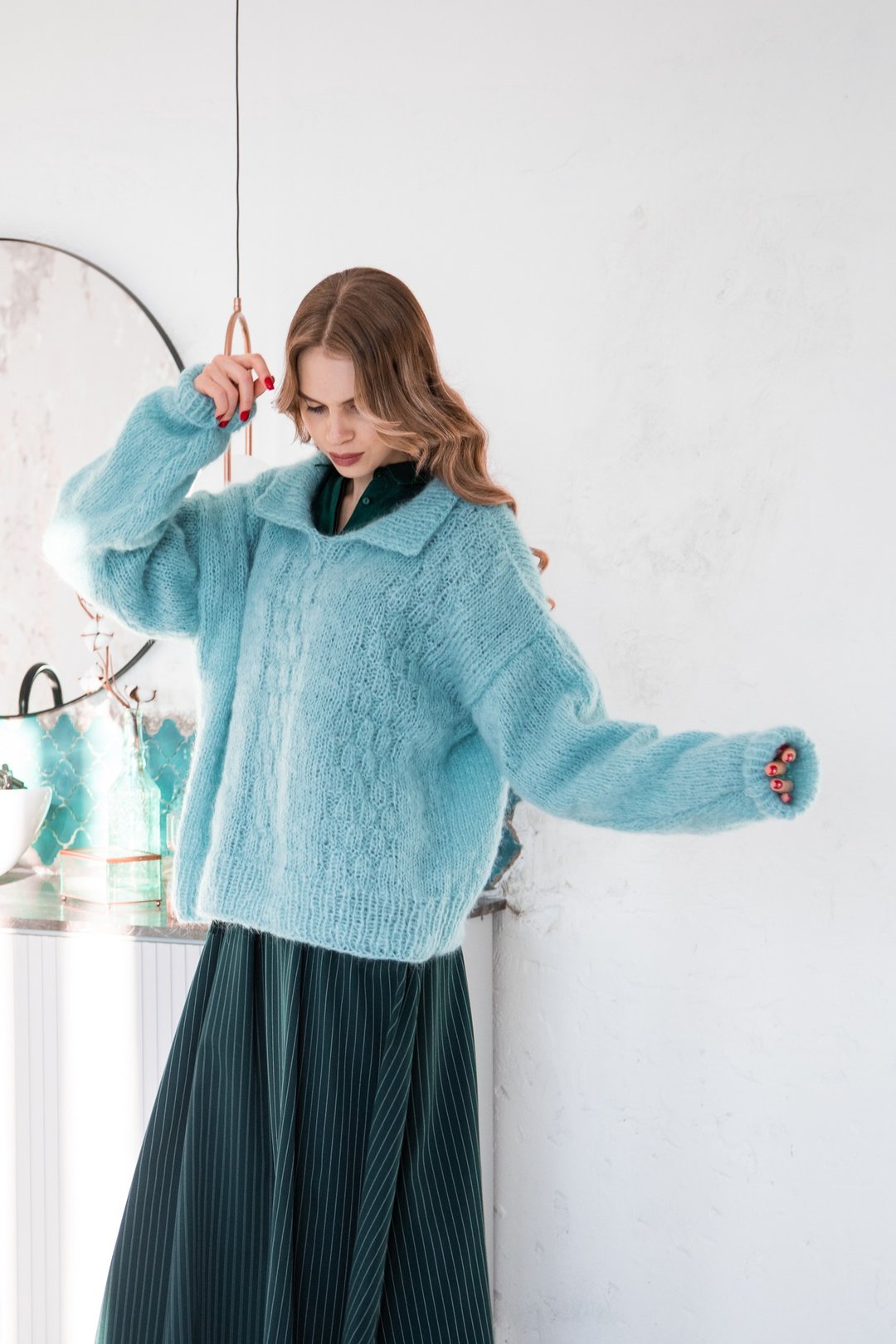 Mint Oversize Jumper Sweater. Hand Knitted from mohair and wool yarn. - 女装针织衫/毛衣 - 羊毛 