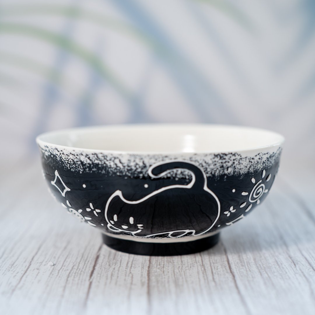 猫饭碗陶皿碗陶瓷面食碗手工碗 - 碗 - 陶 黑色