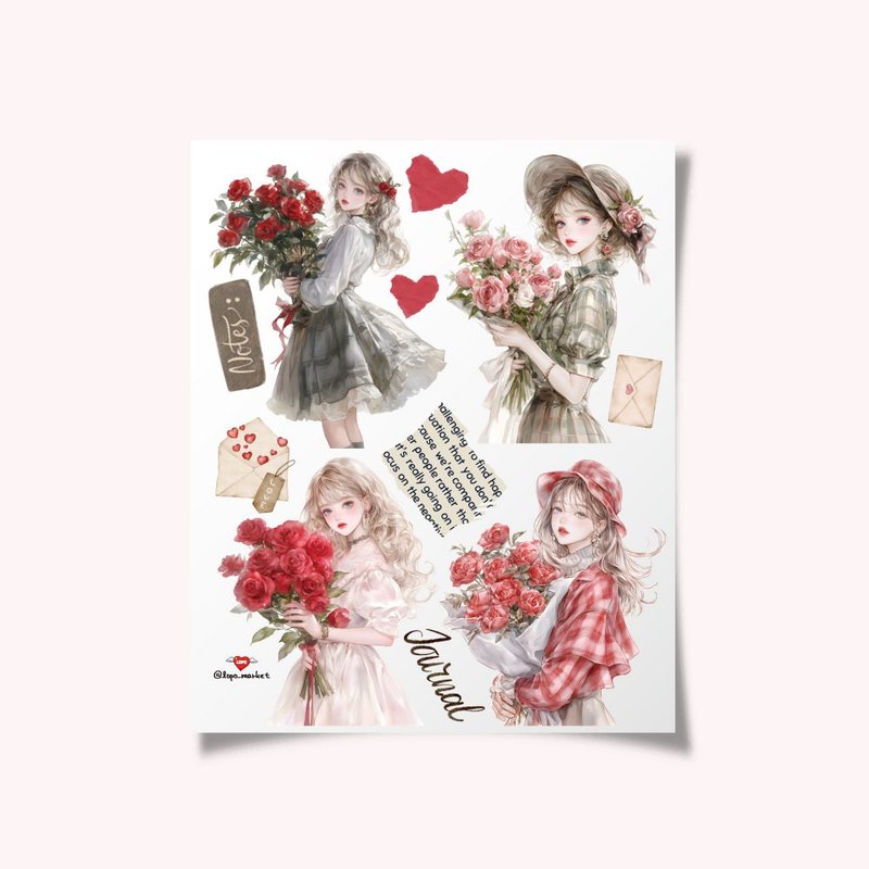 花束与女孩人物贴纸 3 张 - 贴纸 - 纸 