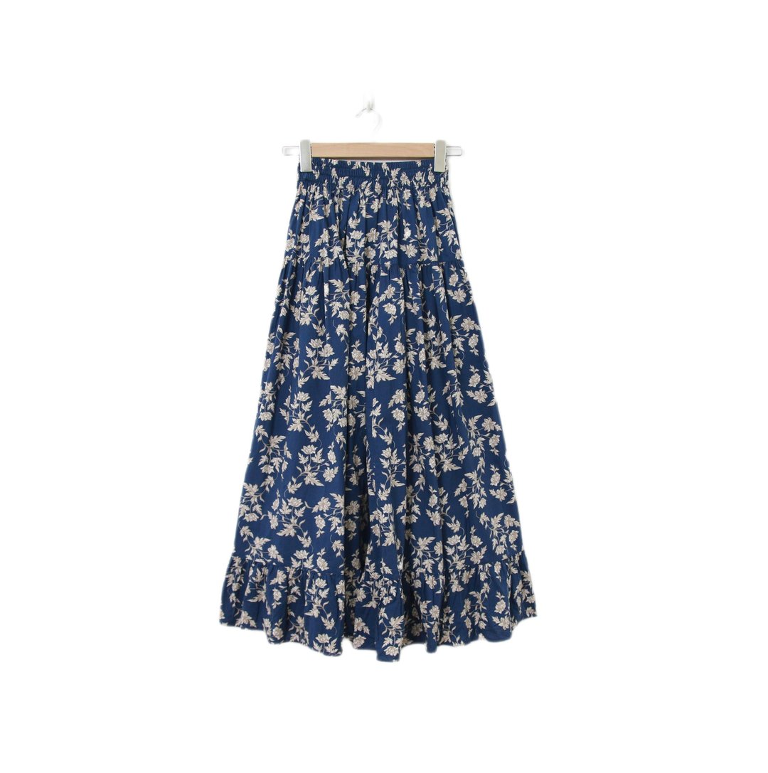 Back to Green-复古长裙 深蓝 白碎花 M-25//vintage skirt - 裙子 - 棉 