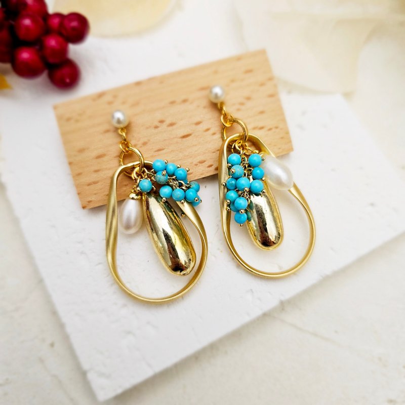 这是我的温柔。珍珠系列 - 夹式耳环 针式耳环 不锈钢耳环 绿松石 - 耳环/耳夹 - 珍珠 蓝色