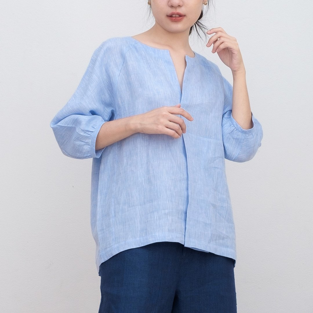Blue RELAXING TOP Linen Blouse - 女装上衣 - 亚麻 蓝色