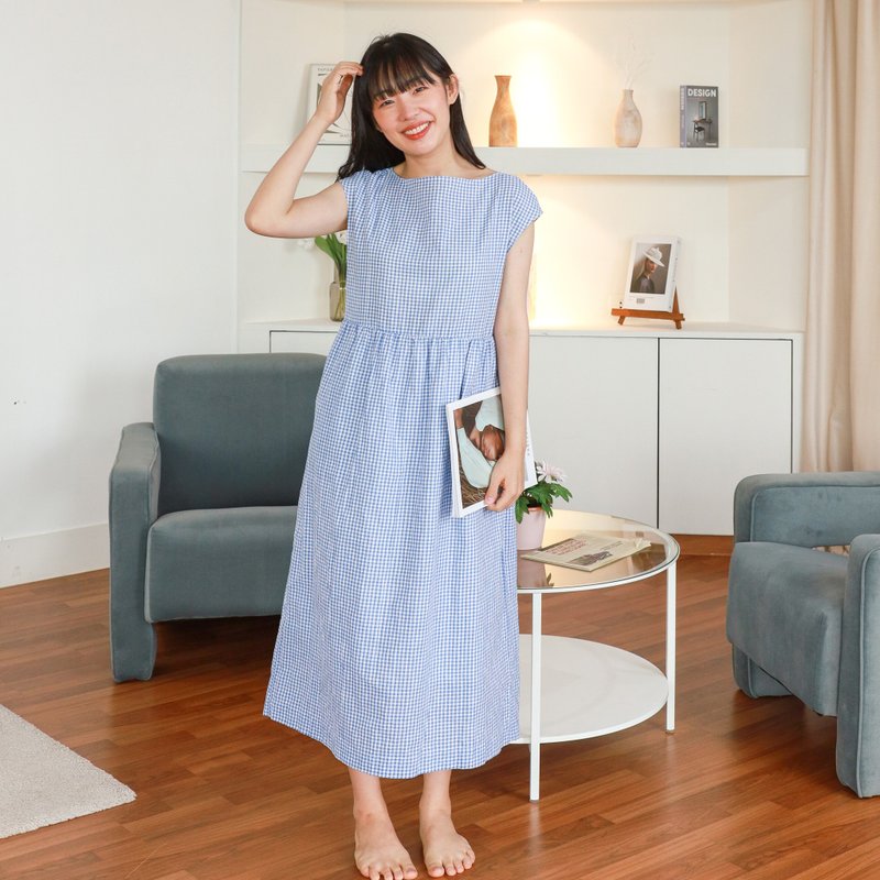 蓝色格子船领连衣裙 100% 棉。 底部有衬里, 家居服, 休闲服 - 洋装/连衣裙 - 棉．麻 蓝色
