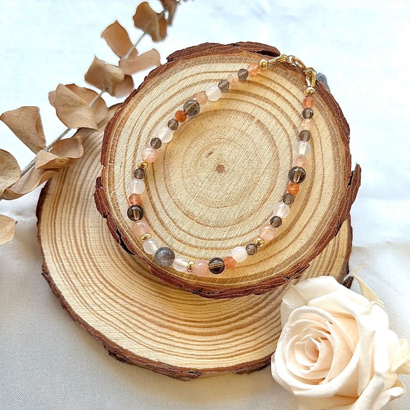 水晶手链/天然石手链/太阳石x茶晶x14KGF注金|焦糖玛奇朵 - 手链/手环 - 水晶 多色