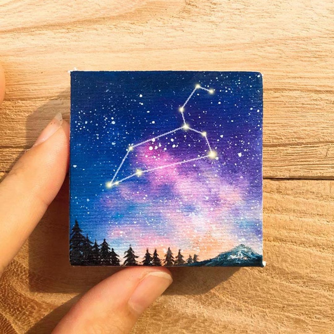 【狮子】十二星座星空袖珍油画。生日银河星辰书桌装饰迷你收藏。 - 海报/装饰画/版画 - 棉 