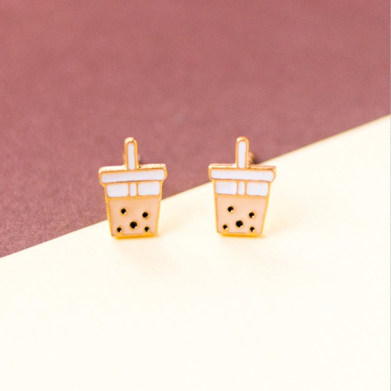 珍珠奶茶 pearl milk tea 耳针 耳夹 台湾食物 - 耳环/耳夹 - 铜/黄铜 卡其色