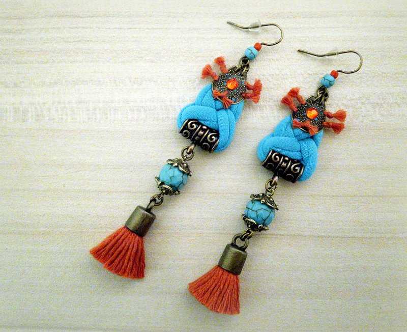 Bohemian Gypsy Indie Earrings Turquoise and Orange Festival Jewelry - 耳环/耳夹 - 环保材料 蓝色