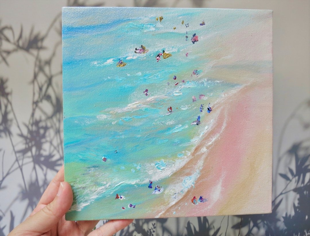 Pastel seascape.Acrylic painting on canvas. Size 20x20cm. - 墙贴/壁贴 - 棉 多色