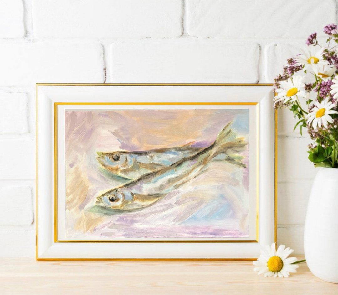 Fish still life original oil painting - 墙贴/壁贴 - 其他材质 卡其色