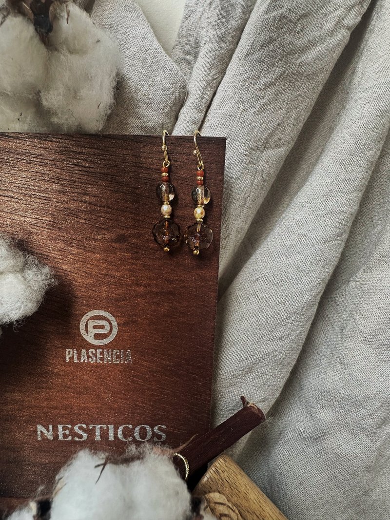 No.19 普洱与花 - 耳环/耳夹 - 玻璃 咖啡色