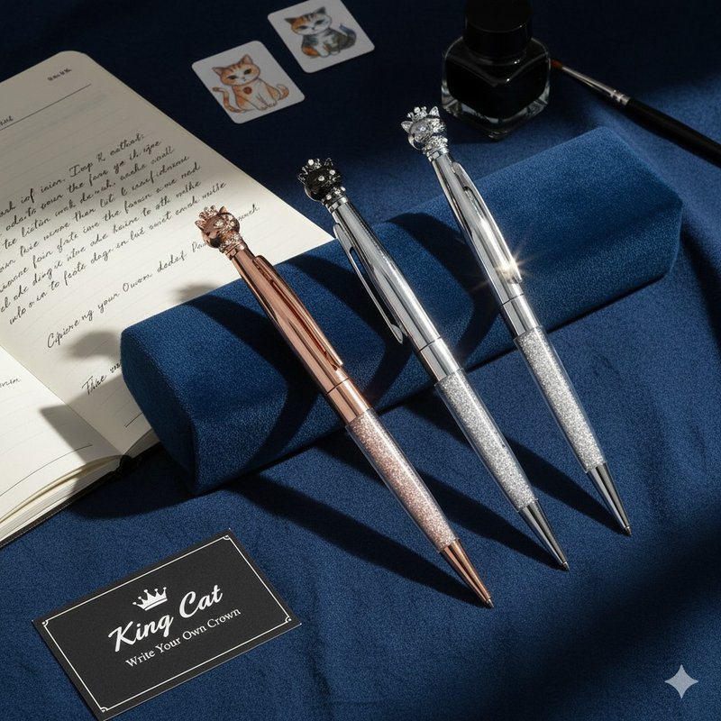 【DT&CREATION】优雅皇冠猫水晶原子笔 - 圆珠笔/中性笔 - 其他金属 银色