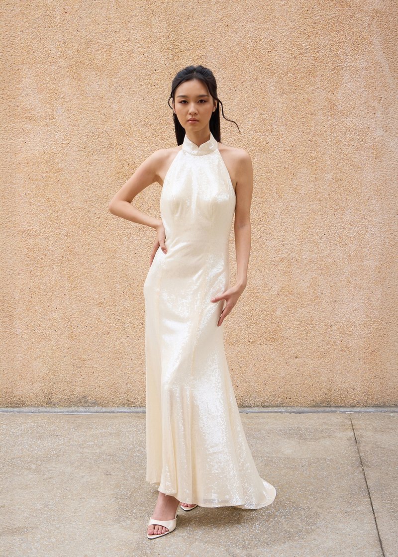 露背垂褶美人鱼亮片旗袍|晚装礼服 |香港设计|古典|气质|中西合璧 - 旗袍 - 聚酯纤维 金色