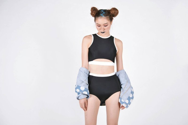 "Crescent moon set" 貴婦氣質性感高腰兩件式泳裝 / 黑色 / XS - 女装泳衣/比基尼 - 聚酯纤维 黑色