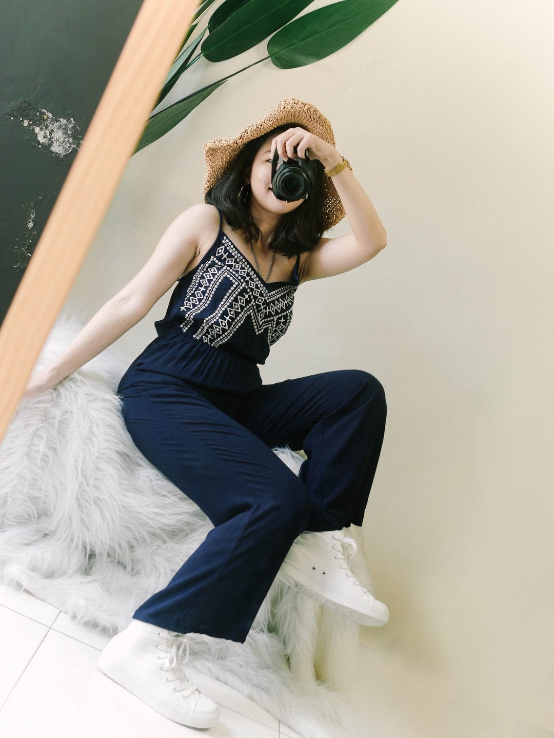 深海蓝刺绣青涩春季少女 古董棉质吊带连身长裤 vintage overalls - 背带裤/连体裤 - 棉．麻 蓝色