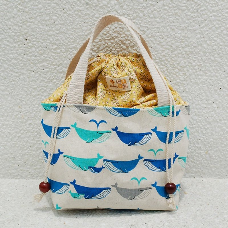 鲸鱼喷水束口提袋/餐袋 - 手提包/手提袋 - 棉．麻 蓝色