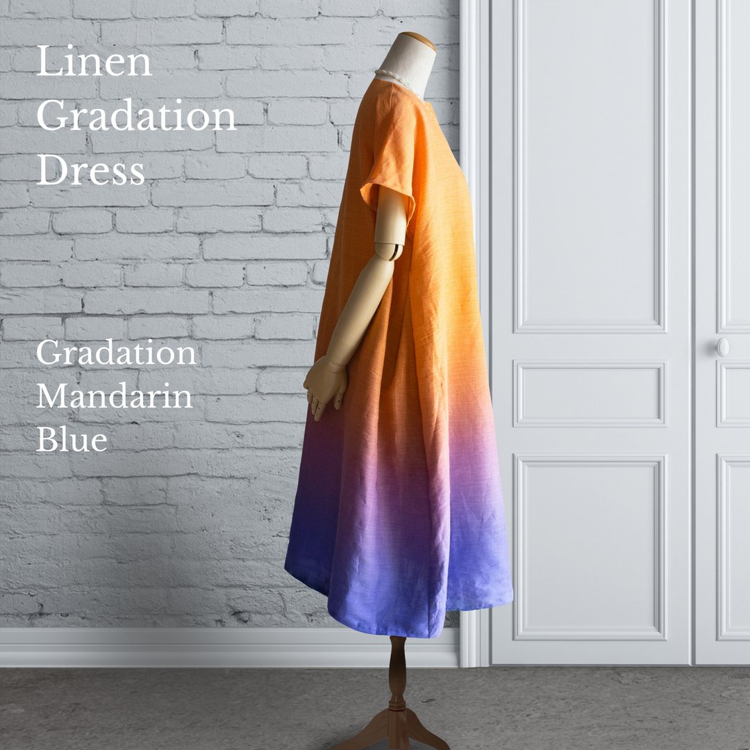 PSNY Hemp Linen Gradation Mandarin Blue Side Tuck Tunic One Piece French Sleeve AP19 - 洋装/连衣裙 - 棉 橘色